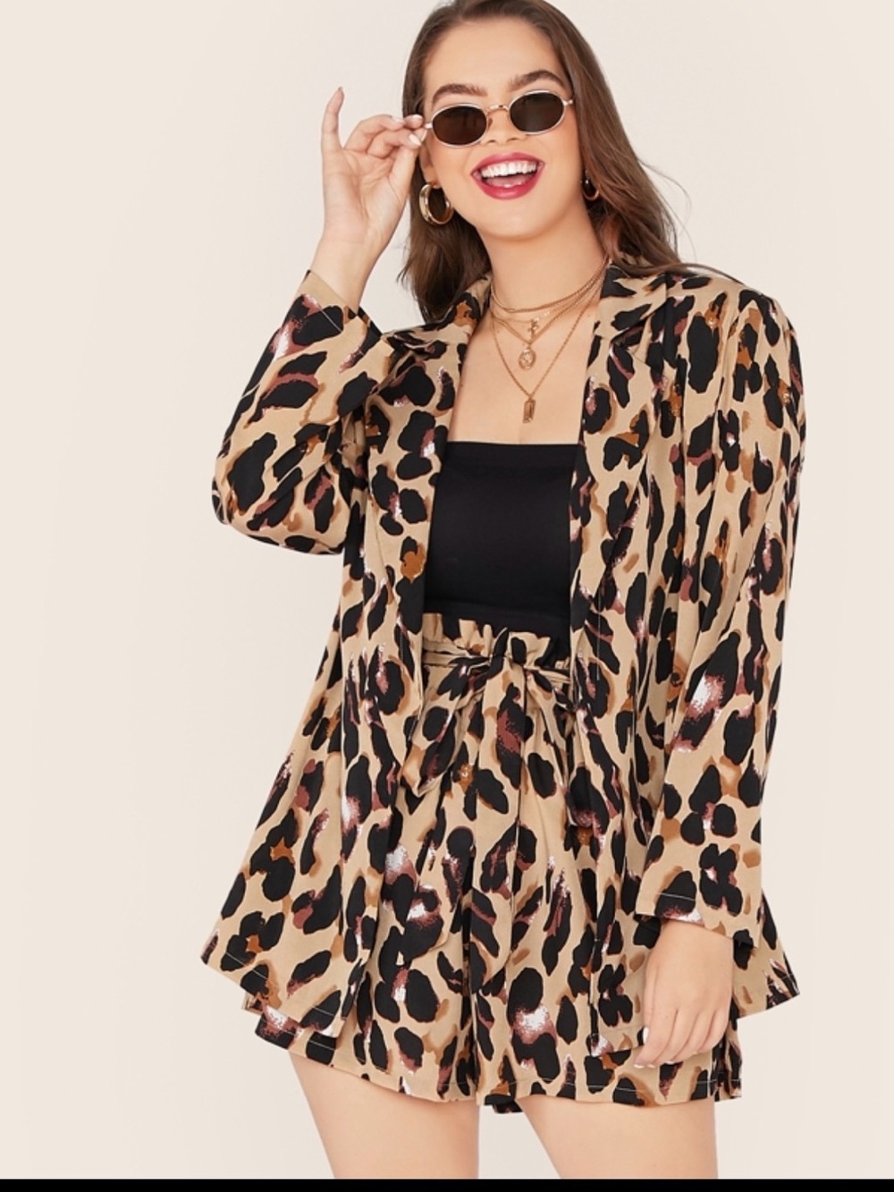 Leopard Print Open Front Jacket and Shorts Set. Beige/Black